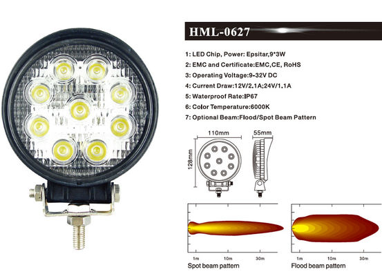 Đèn LED tròn 2160lm Đèn lũ công việc 27W Công nghiệp khai thác mỏ Chiếu sáng ngoài đường